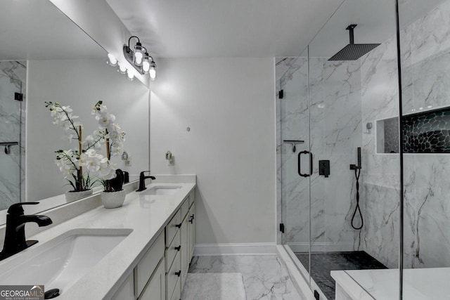 2410 Melton Common Dr, Dacula, GA 30019 - full bath featuring marble look tile flooring, a marble finish shower, and double vanity