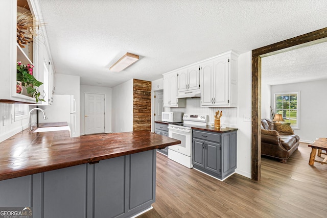 665 Center Of The World Rd, Canon, GA 30520 - kitchen with butcher block counters, white appliances, gray cabinetry, a textured ceiling, and under cabinet range hood