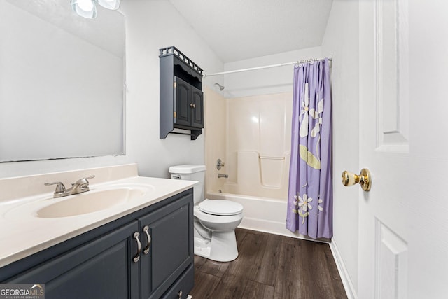665 Center Of The World Rd, Canon, GA 30520 - bathroom featuring wood finished floors, vanity, shower / bath combination with curtain, and a textured ceiling