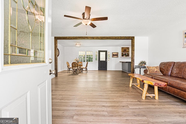665 Center Of The World Rd, Canon, GA 30520 - living room featuring a textured ceiling, a ceiling fan, and light wood-style floors