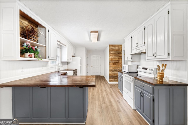 665 Center Of The World Rd, Canon, GA 30520 - kitchen with white appliances, gray cabinetry, wooden counters, under cabinet range hood, and a textured ceiling