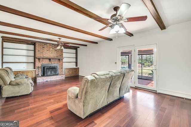 105 Skyline Dr, Barnesville, GA 30204 - living area featuring a ceiling fan, beam ceiling, wood finished floors, and built in features
