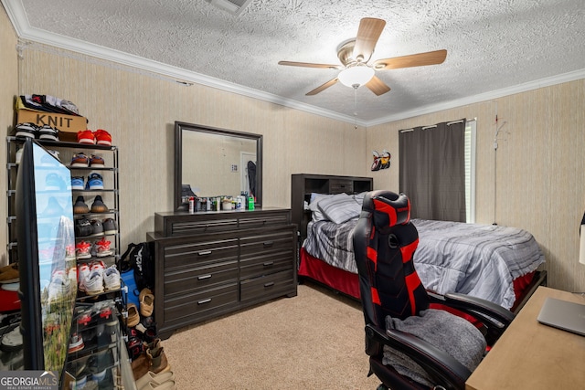 319 Aderhold Rd, Carnesville, GA 30521 - bedroom with light colored carpet, crown molding, a textured ceiling, and a ceiling fan