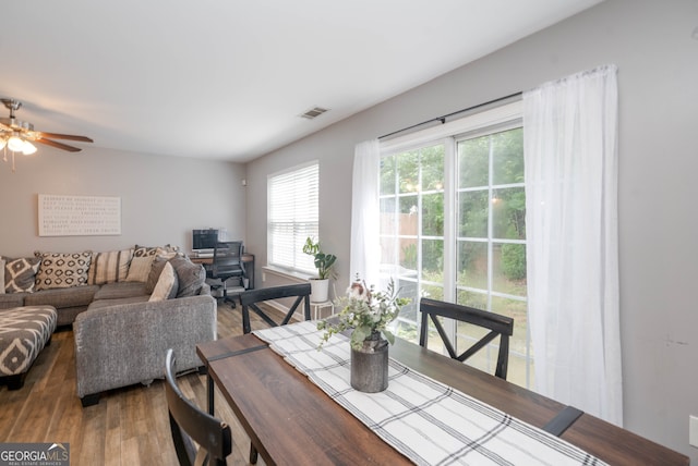 183 Venture Path, Hiram, GA 30141 - dining room featuring wood finished floors, a ceiling fan, and an office area