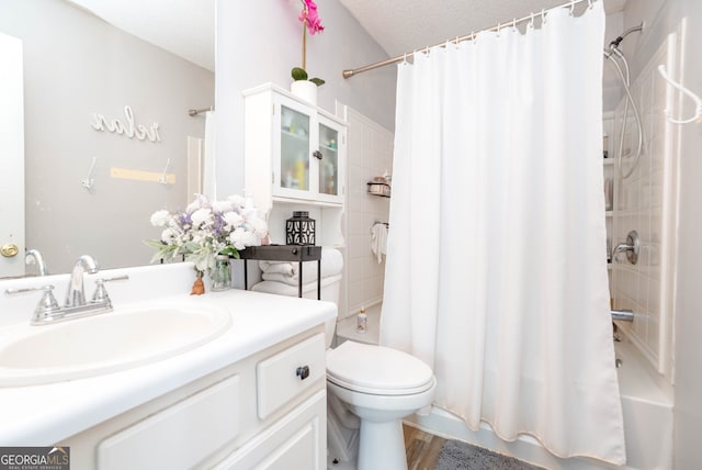 183 Venture Path, Hiram, GA 30141 - full bathroom with vanity, shower / bath combo, wood finished floors, and a textured ceiling