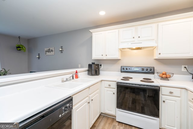 183 Venture Path, Hiram, GA 30141 - kitchen with electric stove, under cabinet range hood, black dishwasher, white cabinetry, and recessed lighting