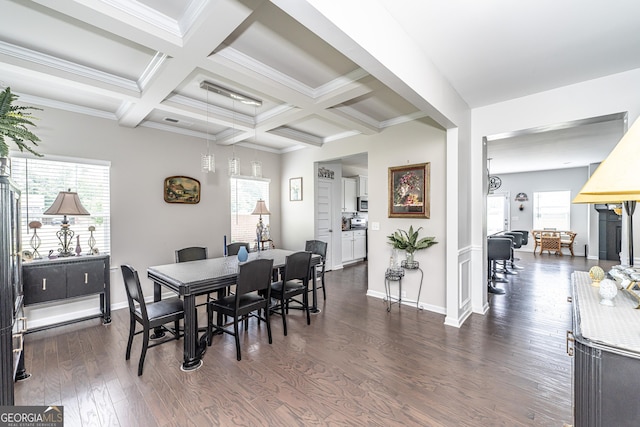 107 Topaz St, Calhoun, GA 30701 - dining room with dark wood-style flooring, beamed ceiling, coffered ceiling, and ornamental molding