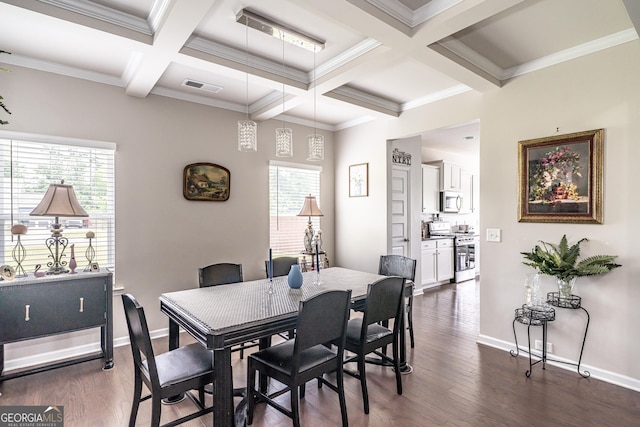 107 Topaz St, Calhoun, GA 30701 - dining area featuring coffered ceiling, dark wood-style floors, beam ceiling, and crown molding