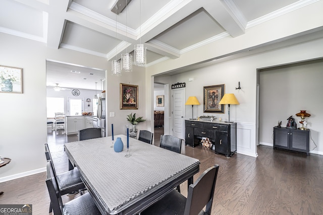 107 Topaz St, Calhoun, GA 30701 - dining area with coffered ceiling, beam ceiling, ceiling fan, dark wood finished floors, and crown molding