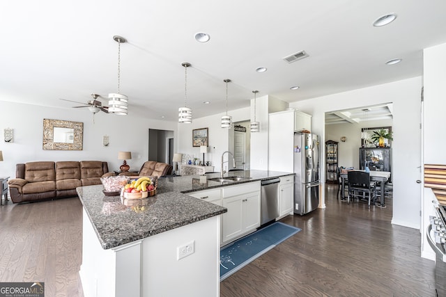 107 Topaz St, Calhoun, GA 30701 - kitchen with stainless steel appliances, dark wood finished floors, a ceiling fan, recessed lighting, and white cabinetry