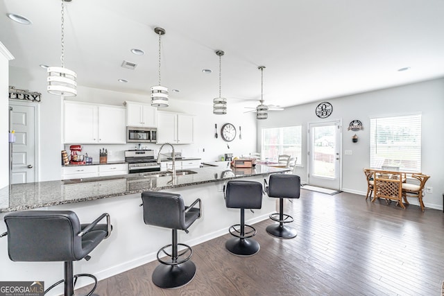 107 Topaz St, Calhoun, GA 30701 - kitchen featuring appliances with stainless steel finishes, dark wood finished floors, a kitchen bar, white cabinets, and a ceiling fan