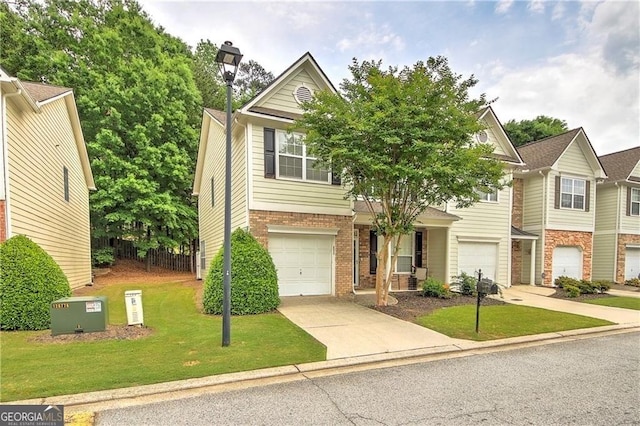 1643 Jackson Way, Atlanta, GA 30318 - view of front of home featuring brick siding, a garage, a front lawn, and concrete driveway