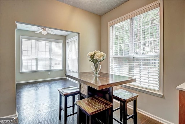1643 Jackson Way, Atlanta, GA 30318 - dining room featuring a ceiling fan, plenty of natural light, dark wood-type flooring, and a textured ceiling