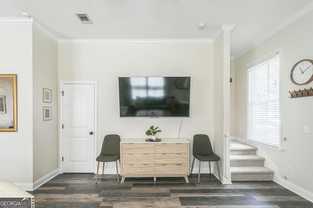 309 E 41st St, Savannah, GA 31401 - living area with crown molding, dark wood finished floors, and stairway