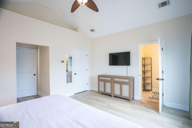 309 E 41st St, Savannah, GA 31401 - bedroom featuring wood finished floors, high vaulted ceiling, a ceiling fan, and connected bathroom