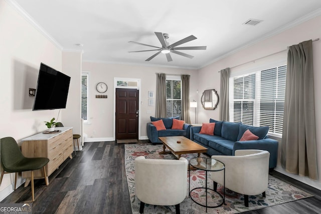 309 E 41st St, Savannah, GA 31401 - living area featuring dark wood-style floors, ceiling fan, and ornamental molding