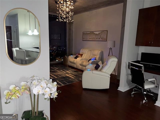 400 Peachtree St Unit 3412, Atlanta, GA 30308 - living area featuring wood finished floors, a chandelier, a desk, and arched walkways