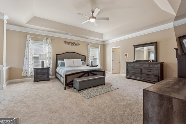 2629 Muskeg Ct SW, Atlanta, GA 30331 - bedroom with a raised ceiling, carpet, ornamental molding, and ceiling fan
