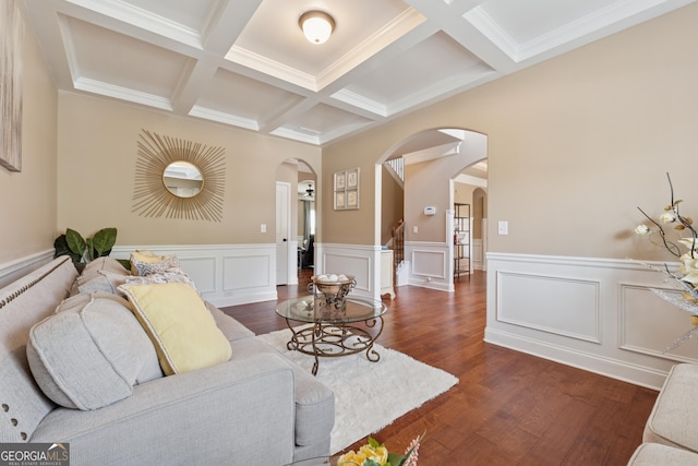 2629 Muskeg Ct SW, Atlanta, GA 30331 - living room with arched walkways, beamed ceiling, coffered ceiling, wainscoting, and wood finished floors