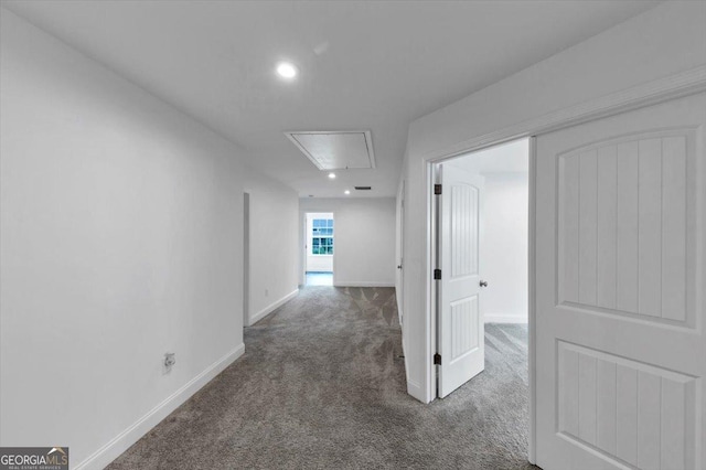 612 Michigan Cir, Hoschton, GA 30548 - hall featuring attic access, carpet floors, and recessed lighting
