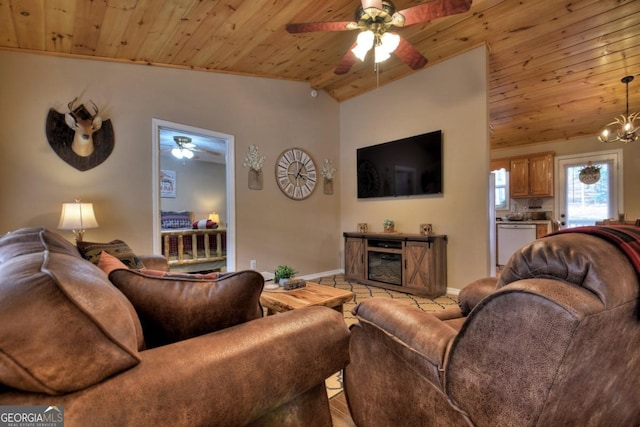 729 Matrix Ln Unit 843, Ellijay, GA 30540 - living area featuring wood ceiling, ceiling fan, vaulted ceiling, and a fireplace
