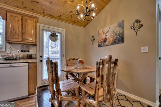 729 Matrix Ln Unit 843, Ellijay, GA 30540 - dining area with healthy amount of natural light, wood ceiling, a chandelier, vaulted ceiling, and light wood finished floors
