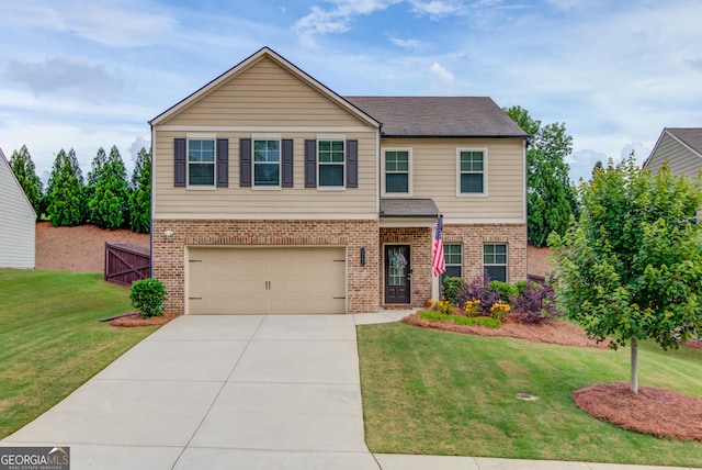 6841 Lancaster Xing, Flowery Branch, GA 30542 - view of front facade with brick siding, an attached garage, driveway, and a front lawn