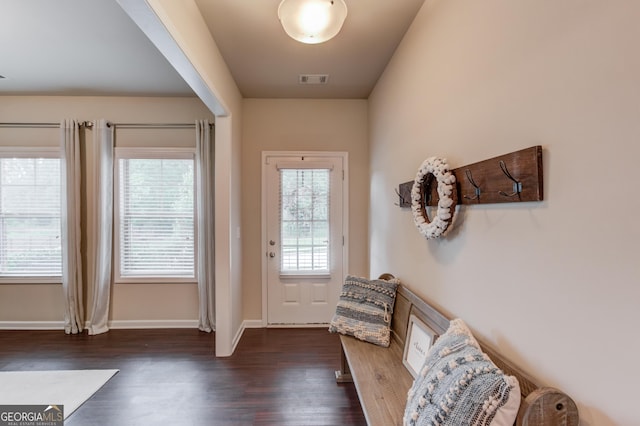 6841 Lancaster Xing, Flowery Branch, GA 30542 - doorway to outside with dark wood-style flooring and baseboards