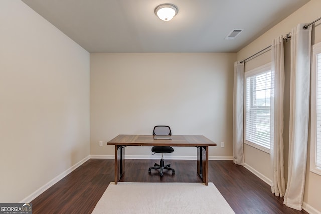 6841 Lancaster Xing, Flowery Branch, GA 30542 - home office featuring dark wood-type flooring and baseboards