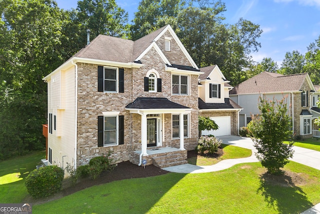 733 Miller Run, Atlanta, GA 30349 - view of front of home featuring driveway, a front lawn, brick siding, an attached garage, and roof with shingles