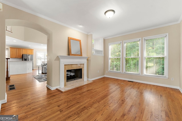 733 Miller Run, Atlanta, GA 30349 - unfurnished living room featuring crown molding, light wood-style floors, healthy amount of natural light, a high end fireplace, and recessed lighting