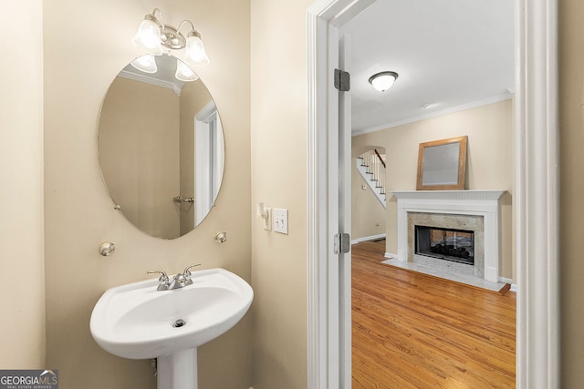 733 Miller Run, Atlanta, GA 30349 - bathroom with crown molding, wood finished floors, and a fireplace