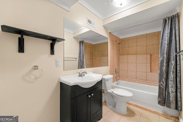 733 Miller Run, Atlanta, GA 30349 - full bath with tile patterned floors, shower / bathtub combination with curtain, vanity, and ornamental molding