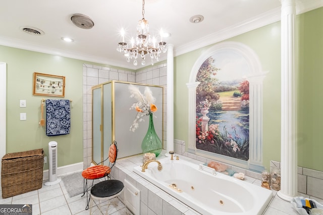8815 Campbellton St, Douglasville, GA 30134 - bathroom featuring a jetted tub, a stall shower, ornamental molding, a chandelier, and decorative columns