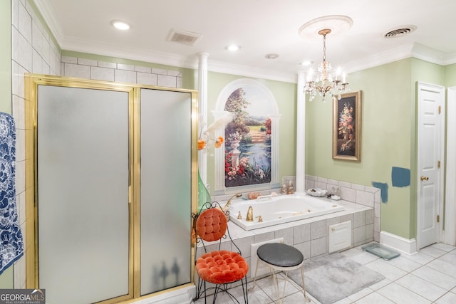 8815 Campbellton St, Douglasville, GA 30134 - bathroom with a stall shower, a jetted tub, tile patterned floors, a chandelier, and ornamental molding