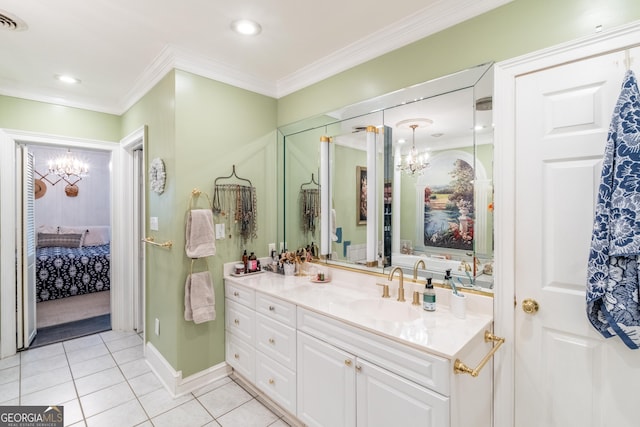 8815 Campbellton St, Douglasville, GA 30134 - ensuite bathroom featuring a chandelier, vanity, tile patterned flooring, and ornamental molding