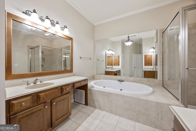 4742 Legacy Cove Ln, Smyrna, GA 30126 - full bathroom with vanity, a shower stall, tile patterned flooring, crown molding, and a tub with jets