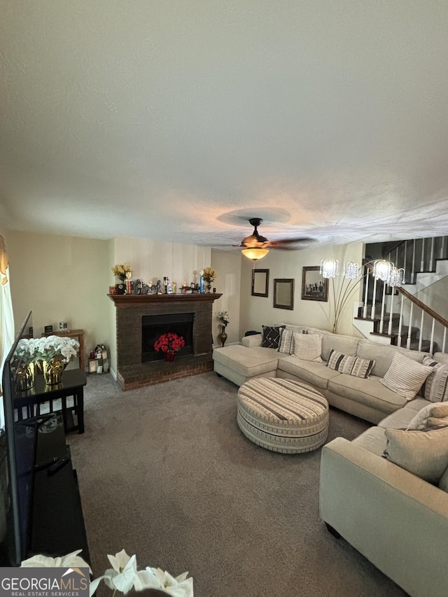110 Waverly Way, Lagrange, GA 30240 - living area with carpet floors, a brick fireplace, and a ceiling fan