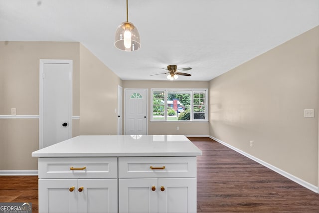 116 Preston Pl, Lagrange, GA 30241 - kitchen with ceiling fan, white cabinetry, dark wood finished floors, pendant lighting, and light countertops