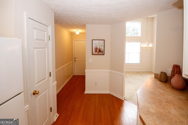 555 Flintlock Dr, Dacula, GA 30019 - corridor featuring wood finished floors, a chandelier, a textured ceiling, and a wainscoted wall