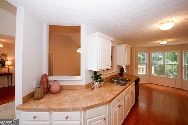 555 Flintlock Dr, Dacula, GA 30019 - kitchen with dishwashing machine, dark wood-type flooring, white cabinets, light countertops, and a textured ceiling