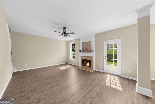 3559 Reservoir Pass, Acworth, GA 30101 - unfurnished living room with healthy amount of natural light, wood finished floors, ceiling fan, and a fireplace with flush hearth