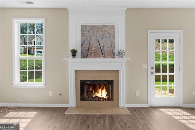 3559 Reservoir Pass, Acworth, GA 30101 - unfurnished living room with wood finished floors, a fireplace with flush hearth, and plenty of natural light