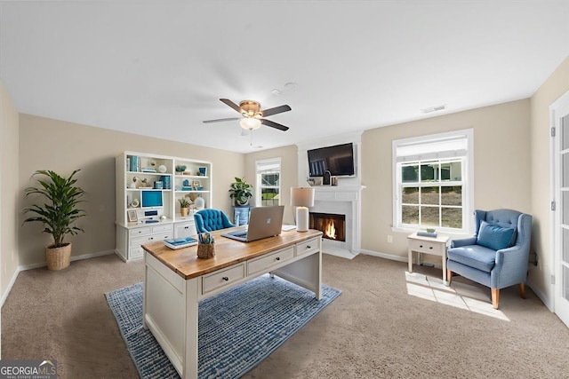 3559 Reservoir Pass, Acworth, GA 30101 - office area featuring light carpet, ceiling fan, and a fireplace with flush hearth