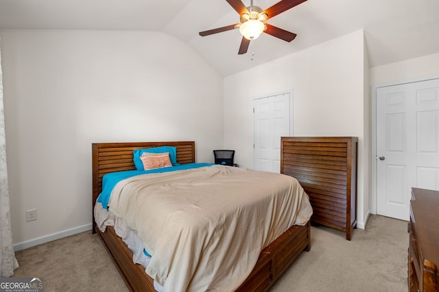 305 Hidden Creek Ln, Canton, GA 30114 - bedroom featuring light carpet, vaulted ceiling, and ceiling fan