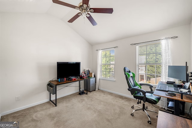 305 Hidden Creek Ln, Canton, GA 30114 - home office with vaulted ceiling, a ceiling fan, and carpet