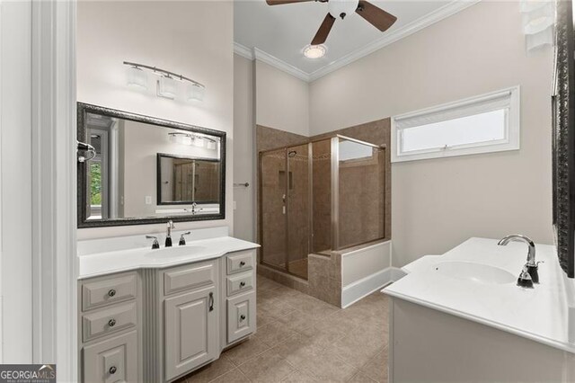 3311 Marina View Way, Gainesville, GA 30506 - full bath with vanity, a stall shower, crown molding, tile patterned floors, and ceiling fan
