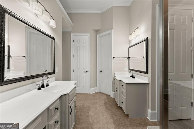 3311 Marina View Way, Gainesville, GA 30506 - bathroom featuring two vanities, ornamental molding, and tile patterned flooring