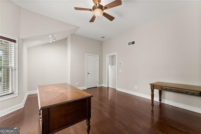 3311 Marina View Way, Gainesville, GA 30506 - unfurnished office featuring wood finished floors, ceiling fan, and high vaulted ceiling