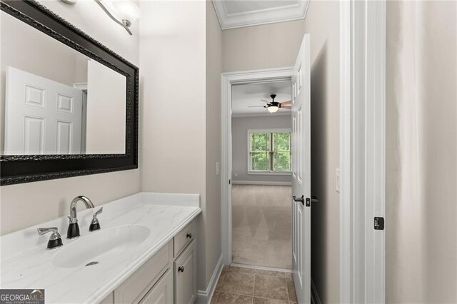 3311 Marina View Way, Gainesville, GA 30506 - bathroom featuring ornamental molding, vanity, ceiling fan, and tile patterned flooring